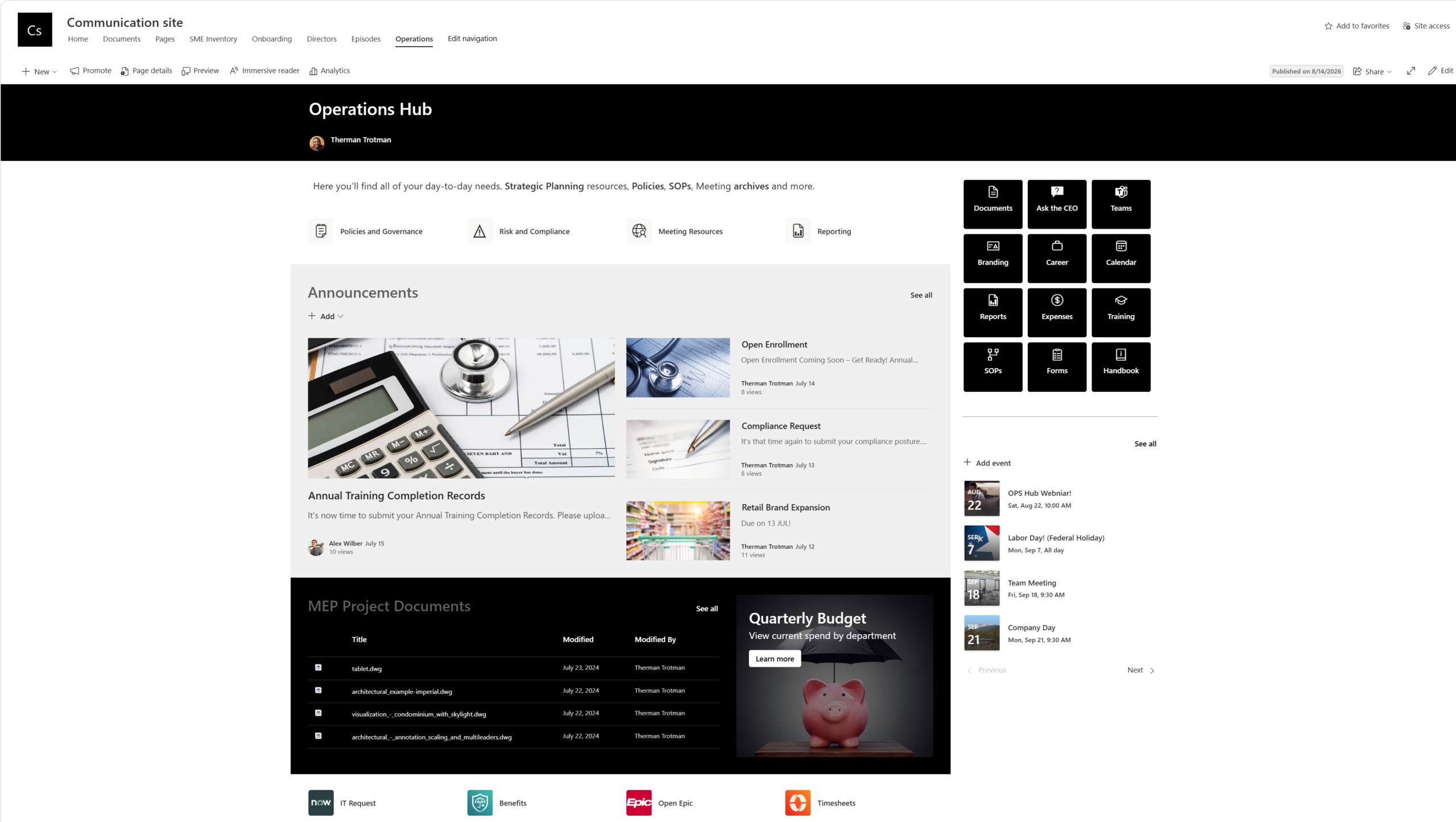 A SharePoint operations hub in use